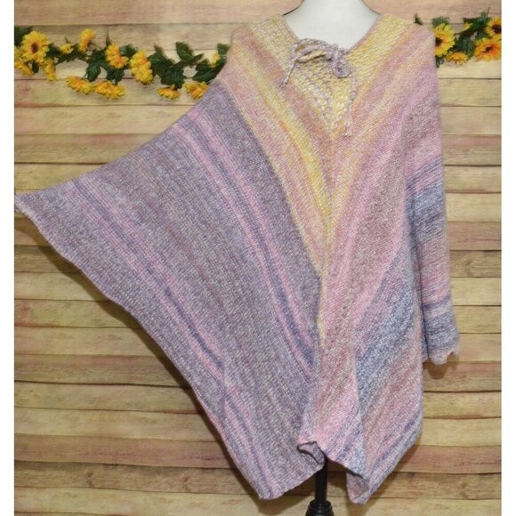 Pretty Coldwater Creek Colorful Pullover Poncho Sweater One Size V-Neck Layering - Picture 4 of 10